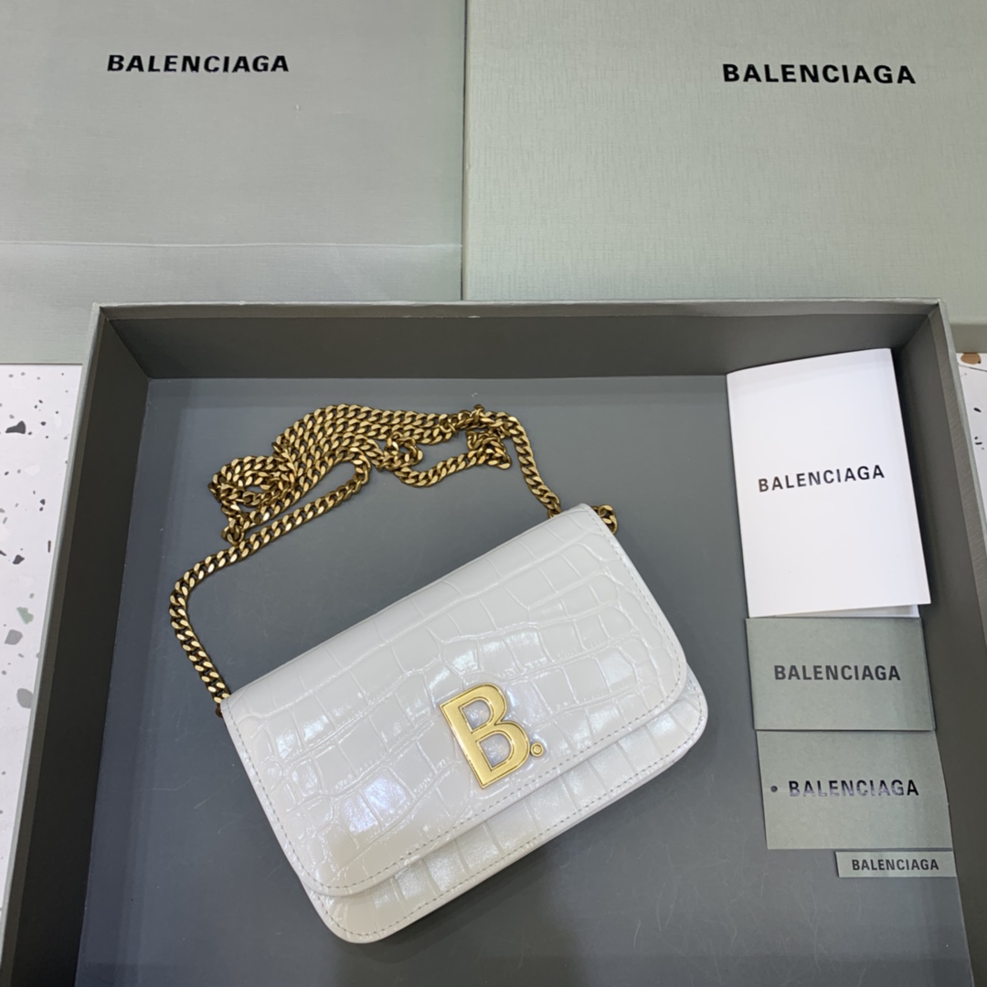 Balenciaga Small Woc Wallet With Chain Crocodile Embossed Shoulder Bag White